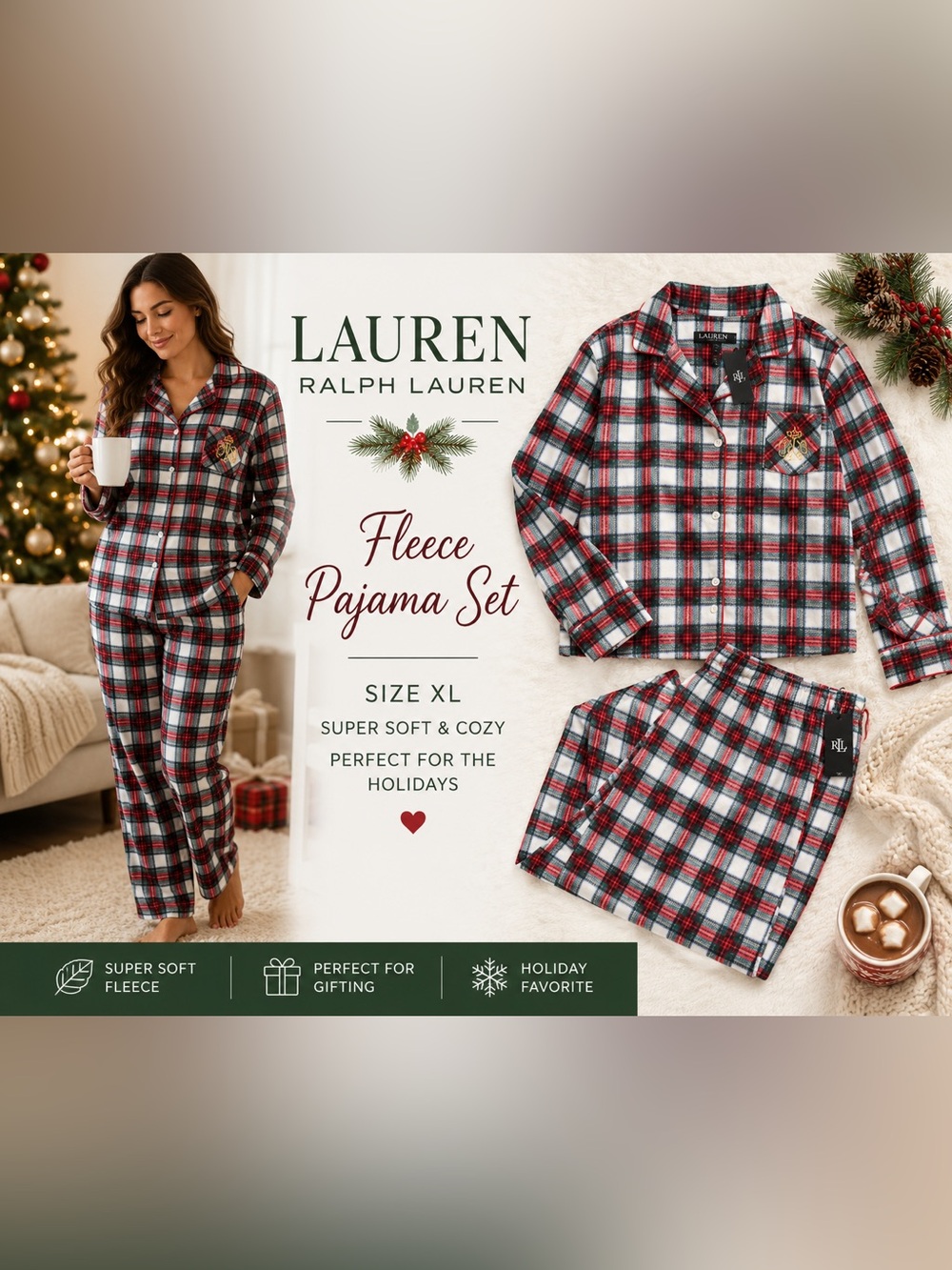 NWT Lauren Ralph Lauren Plaid Fleece Pajama Set Size XL Holiday Christmas Sleep